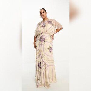 ASOS DESIGN Curve embellished batwing maxi dress with floral artwork in cream